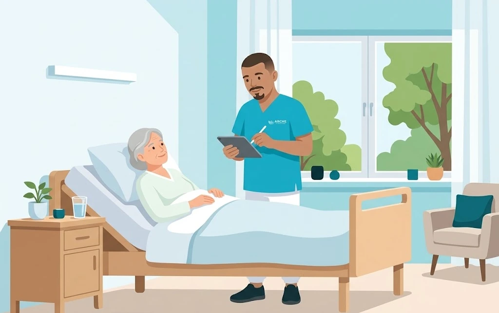 Die Hände einer Seniorin ruhen in den Händen einer Pflegekraft