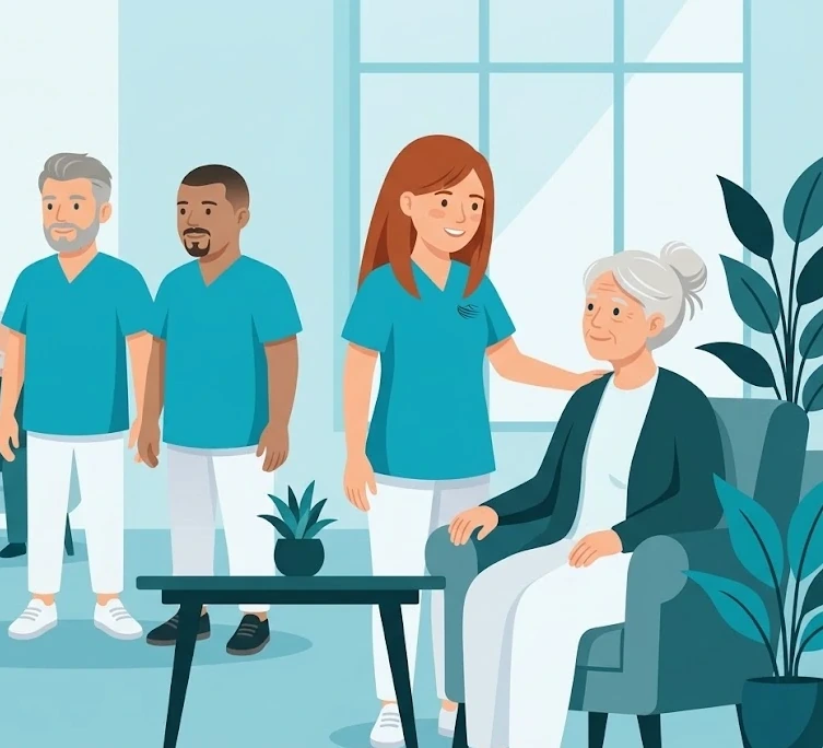 Pflegeteam im Wohnzimmer einer Familie: außerklinische Intensivpflege