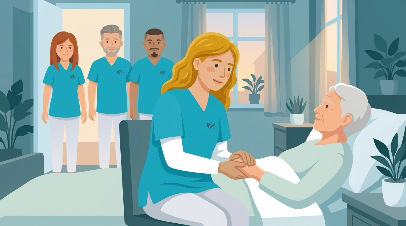 Eine Pflegekraft hält einer Seniorin im Bett die Hand, im Hintergrund das Team
