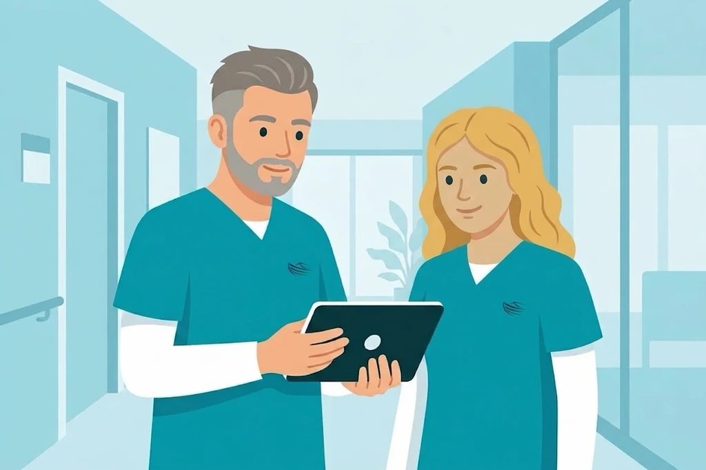 Zwei Pflegekräfte besprechen sich am Tablet